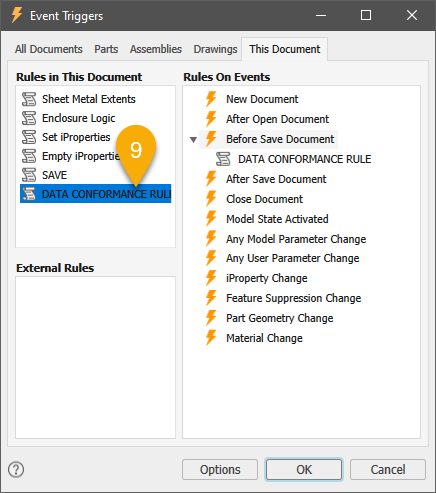 An image of the Autodesk Inventor user interface, Event triggers dialoge.