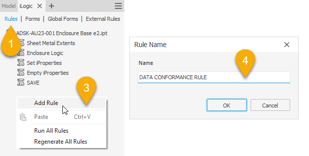 The Autodesk Inventor user interface, showing the crreation of an iLogic rule for data conformance.