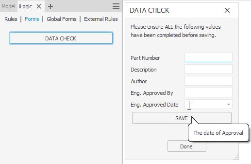 An image of the Autodesk Inventor iLogic user interface, showing a custome iLogic form called 'Data Check'.