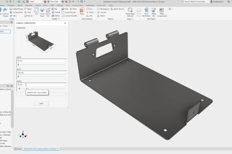 An image from Autodesk Inventor showing a sheet metal CAD model, with an iLogic form.