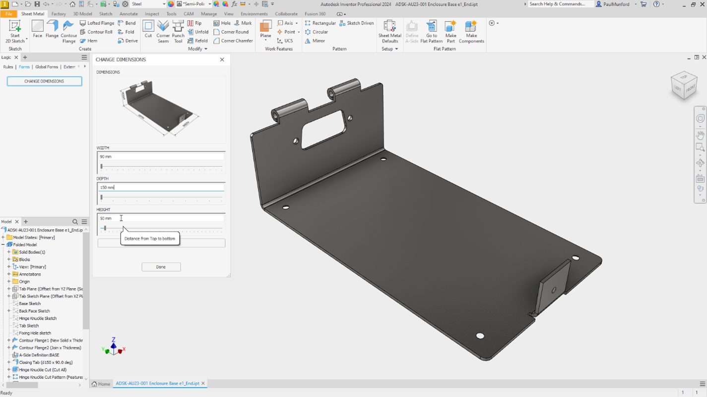 An image from Autodesk Inventor showing a sheet metal CAD model, with an iLogic form.