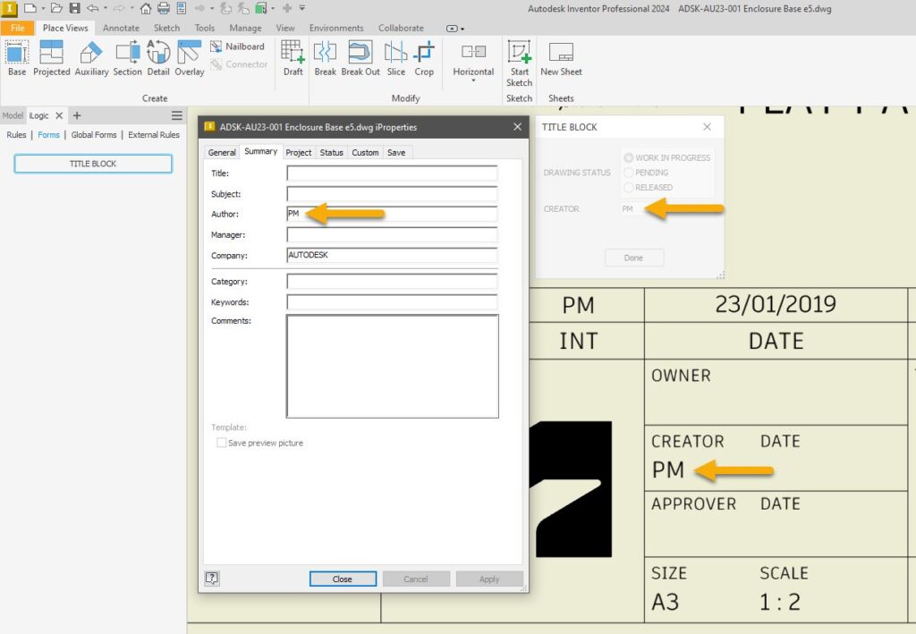 Autodesk Inventor iLogic, testing the form by changing an iProperty.