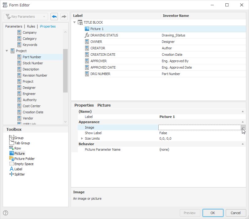 The Autodesk Inventor iLogic form builder dialoge.