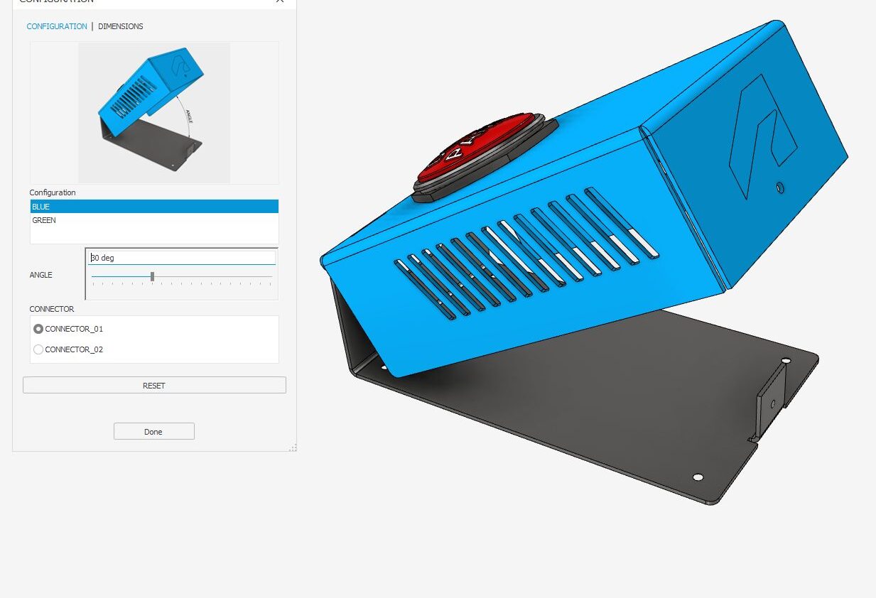 Screen shot of a configurable 3D CAD model in Autodesk Inventor