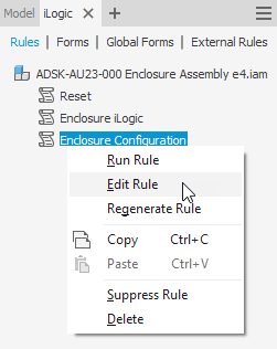 A screen shot of the Autodsk Inventor User interface, Showing how to edit an iLogic Rule by right clicking and choosing 'Edit Rule'.