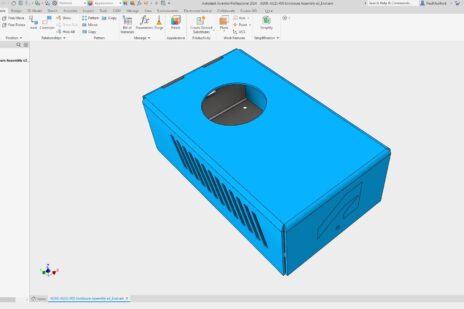 A screen shot of Autodesk Inventor 3D CAD for mechanical design, showing a dataset of a blue box formed in sheet metal.