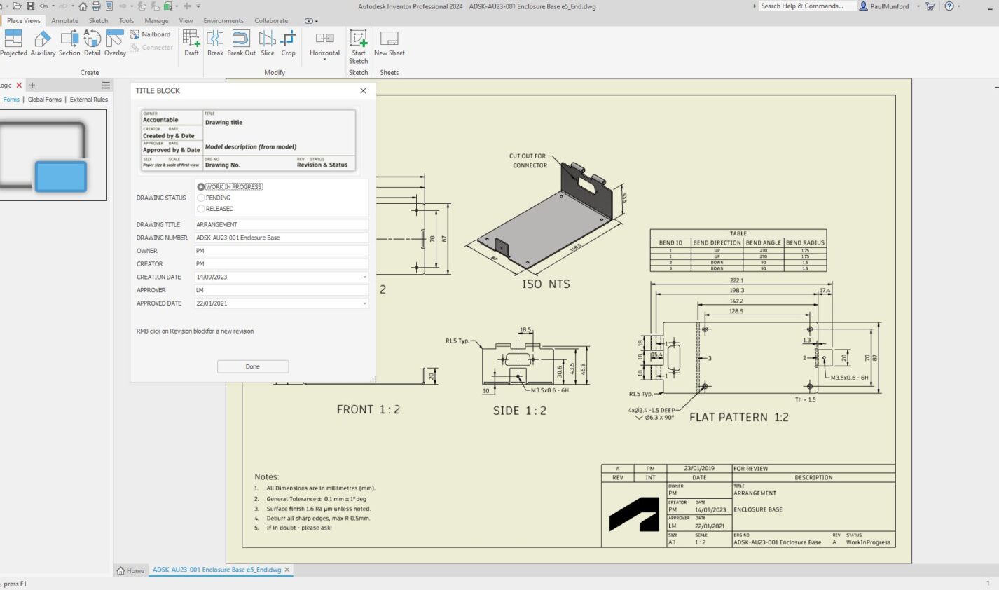 A screen capture of the Autodesk Inventor 3D CAD interface. an iLogic form is being used to change the values in a 2D technical drawings titleblock.