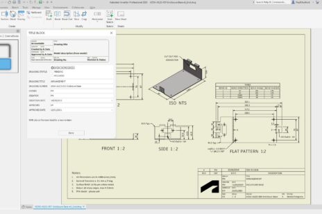 A screen capture of the Autodesk Inventor 3D CAD interface. an iLogic form is being used to change the values in a 2D technical drawings titleblock.