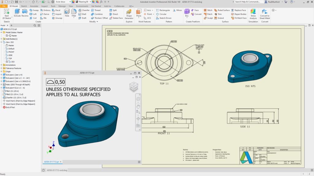 Autodesk Inventor 2022 automatically creating drawing views from model views, including annotations