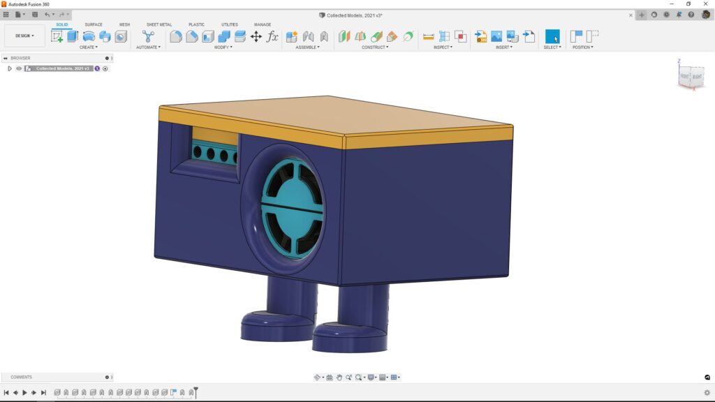 Fusion 360 model of air-quality sensor enclosure with legs