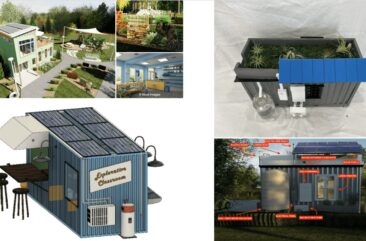 Four student renders of modular shipping container buildings