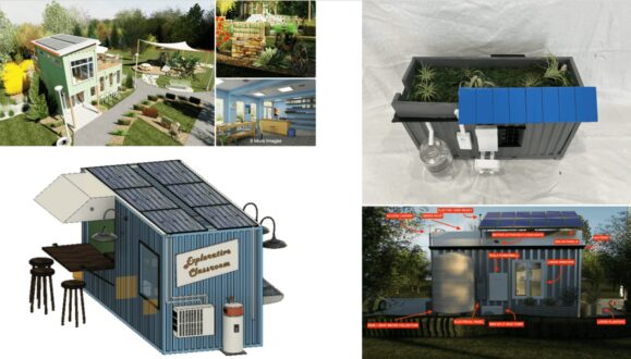 Four student renders of modular shipping container buildings