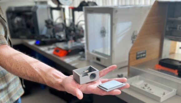 3D print of a student-made air-quality sensor enclosure designed in Fusion 360.