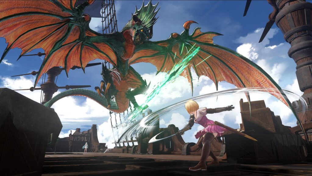 Gameplay image of Zeta on a ship slashing a large dragon-like creature that is flying over her