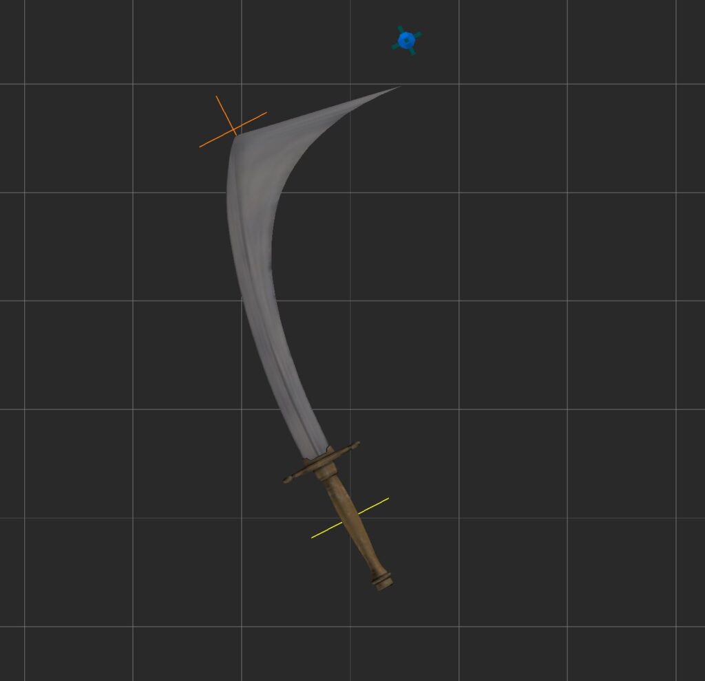 Image of a sword in motion builder with added curve to the blade and the tip of the blade distorted straight outwards