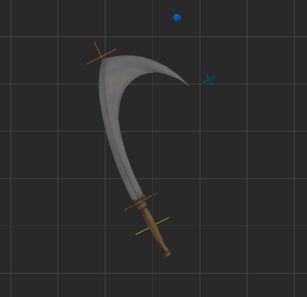 Image of a sword in motion builder with added curve to the blade and the tip of the blade distorted to a strong curve