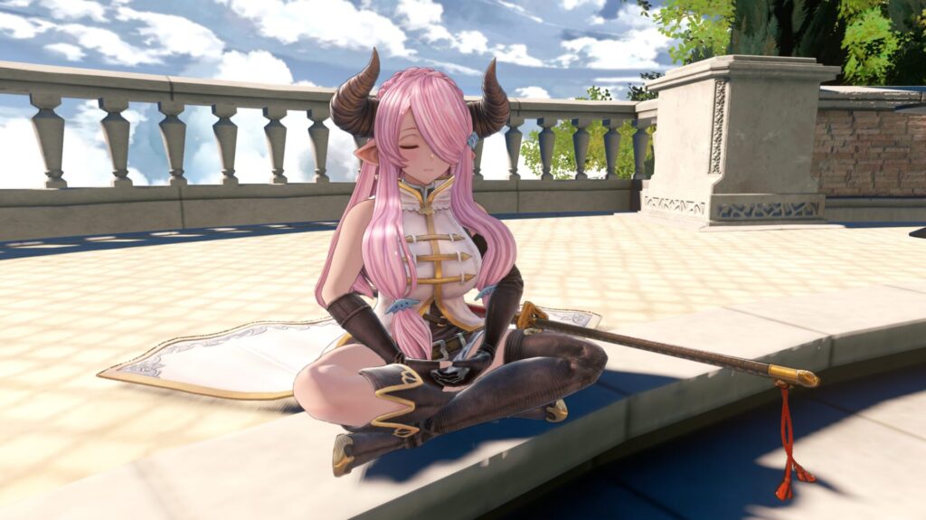 Image of a character sitting cross-legged in an animated game environment