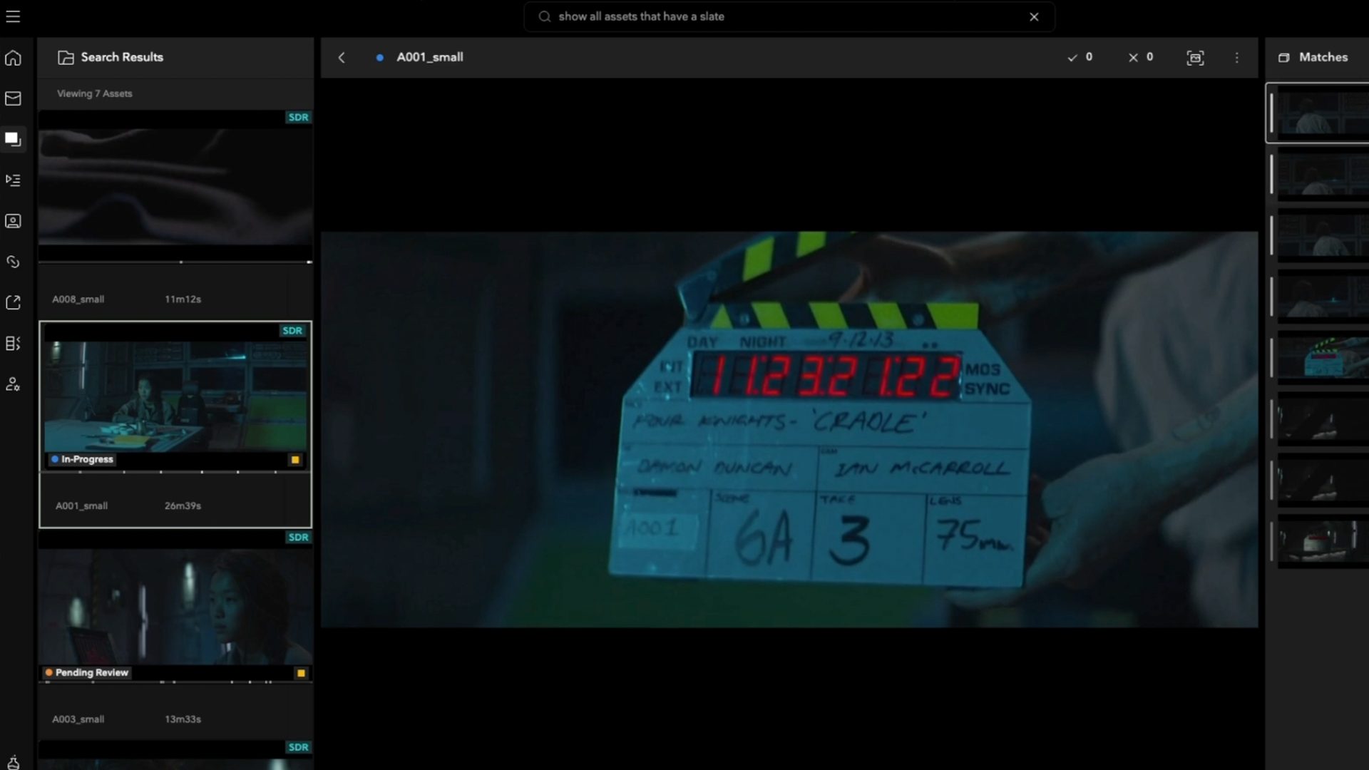 Smart Search locating a clapperboard moment in Autodesk Flow Capture
