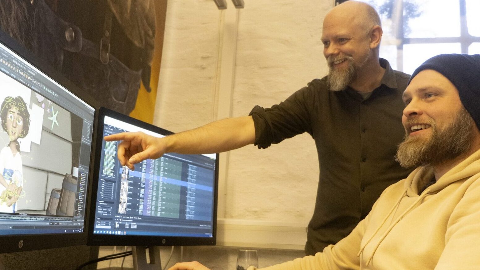 Two artists from Qvisten reviewing animation work in Autodesk Maya 