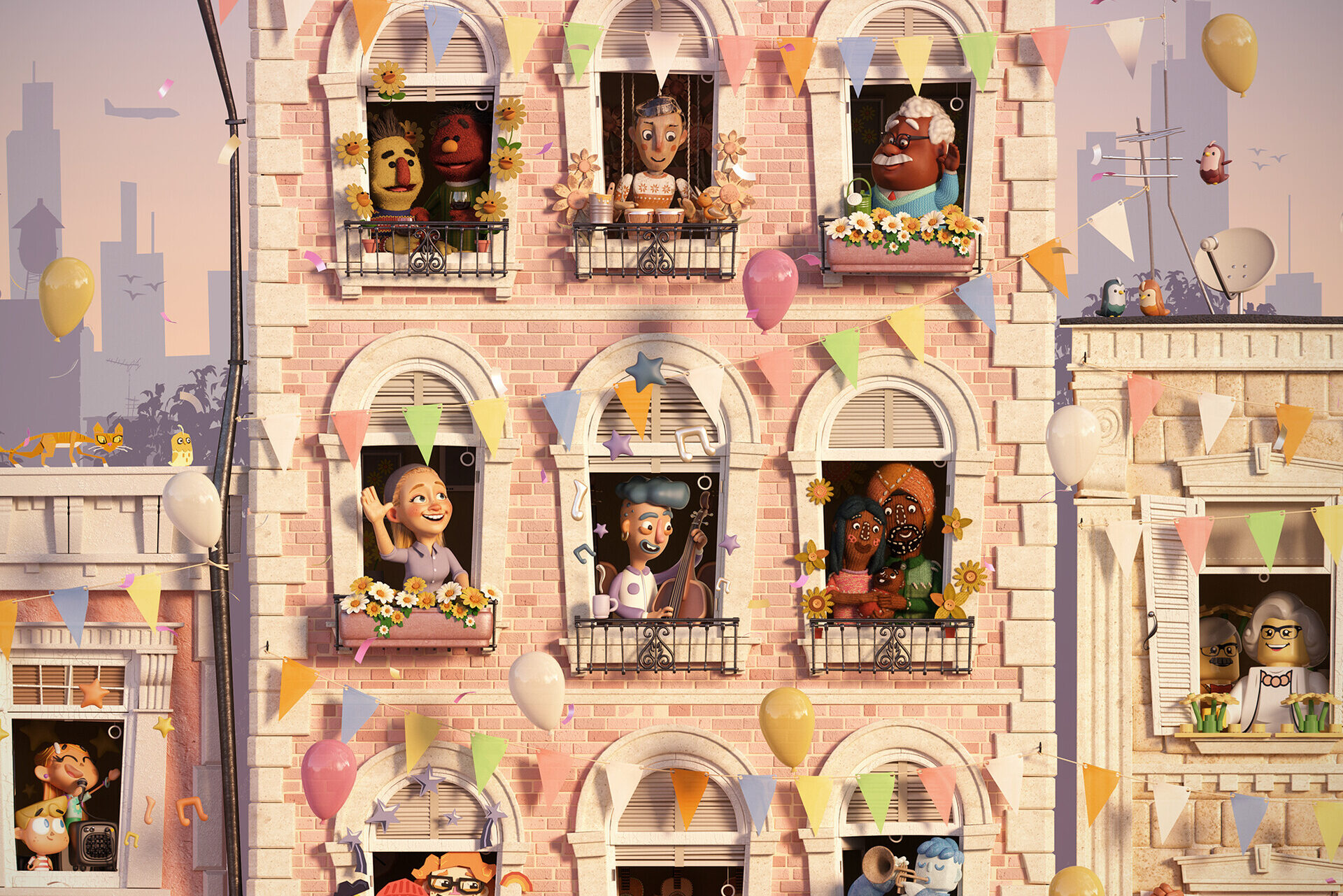 Collection of 3D animated characters displayed on windows of an apartment building. 