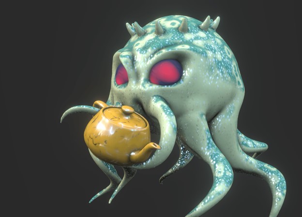3ds Max 2023.3 Update Organic noise OSL, render of green creature with spikes on head and red eyes holding a yellow teapot with its tentacles