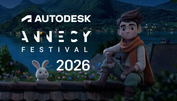 Boy and bunny sitting on a rooftop in front of a lake
