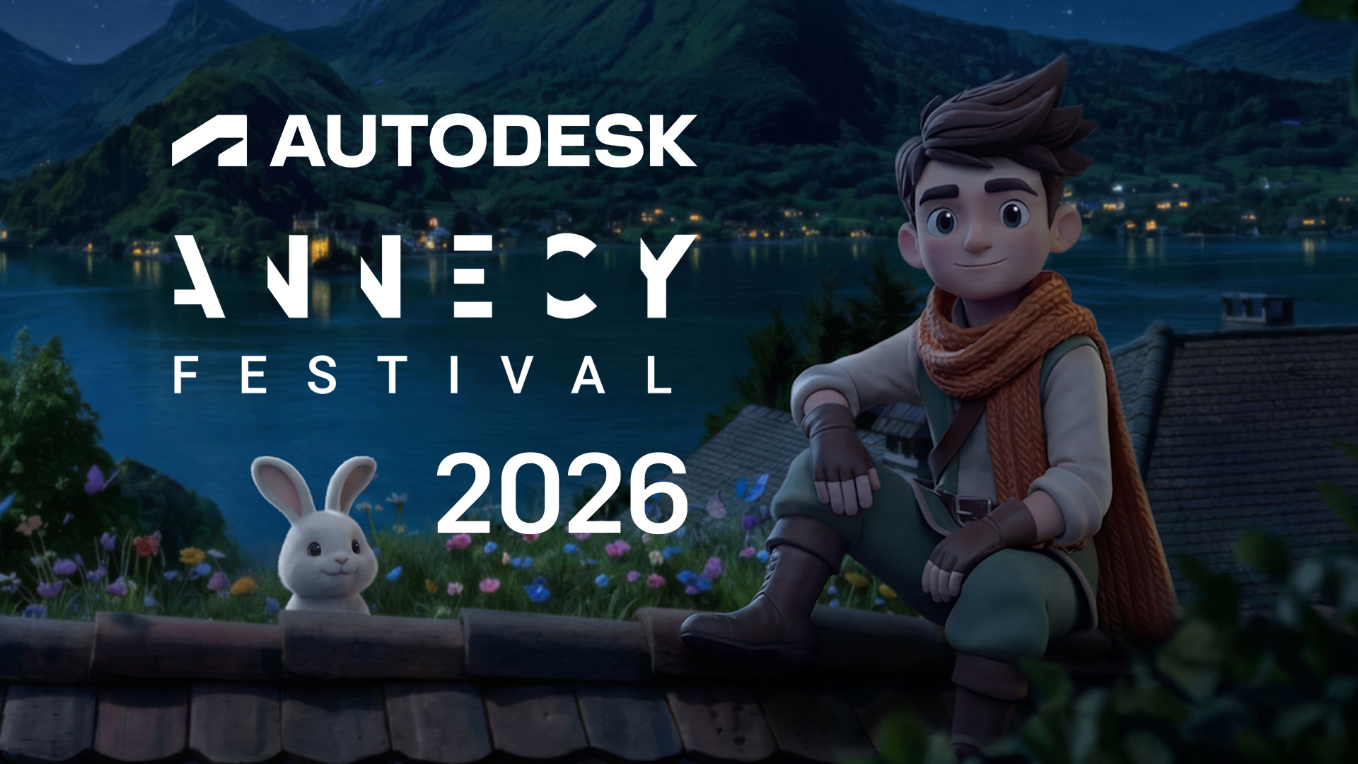 Boy and bunny sitting on a rooftop in front of a lake