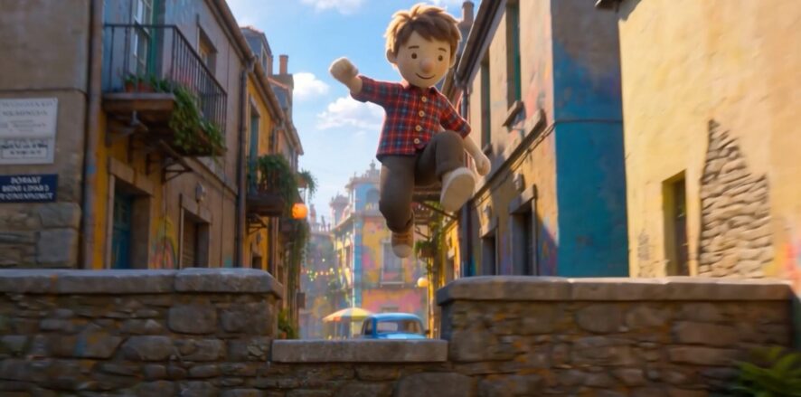 Plush boy jumping over a brick wall in a small town