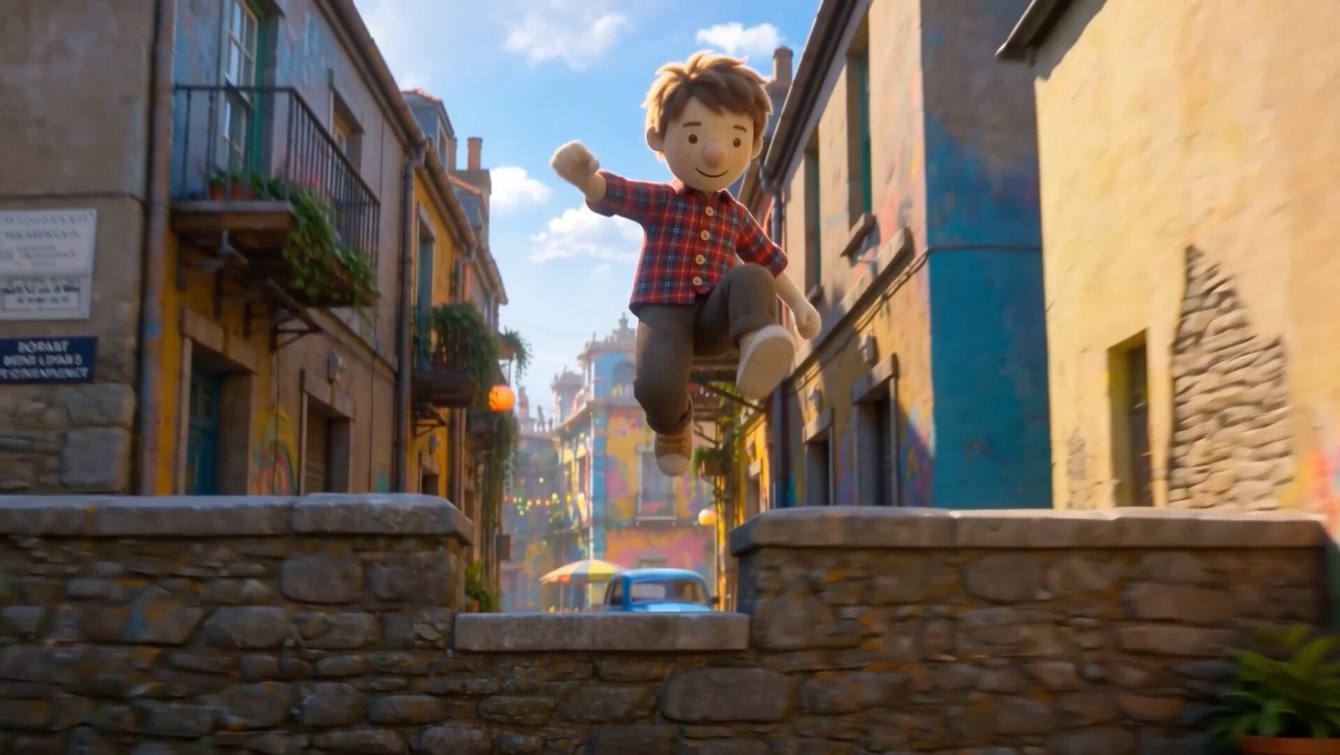 Plush boy jumping over a brick wall in a small town