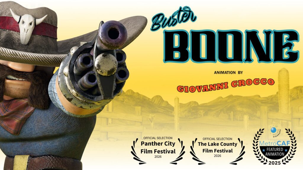 Promotional poster for Buster Boone, featuring the animated cowboy character pointing a revolver-style weapon, along with film festival selections and animation credits for Giovanni Crocco.