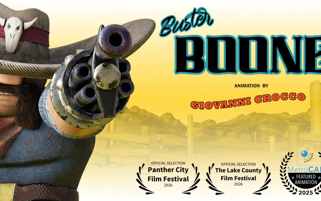 Promotional poster for Buster Boone, featuring the animated cowboy character pointing a revolver-style weapon toward the viewer, along with film festival selections and animation credits for Giovanni Crocco.