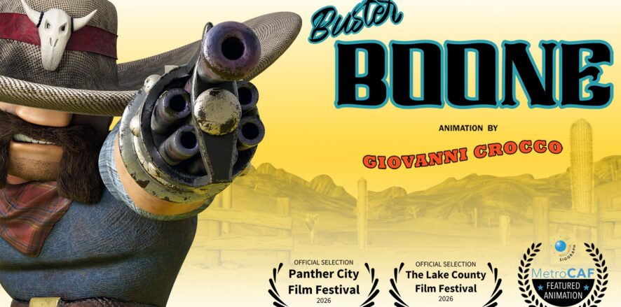 Promotional poster for Buster Boone, featuring the animated cowboy character pointing a revolver-style weapon toward the viewer, along with film festival selections and animation credits for Giovanni Crocco.