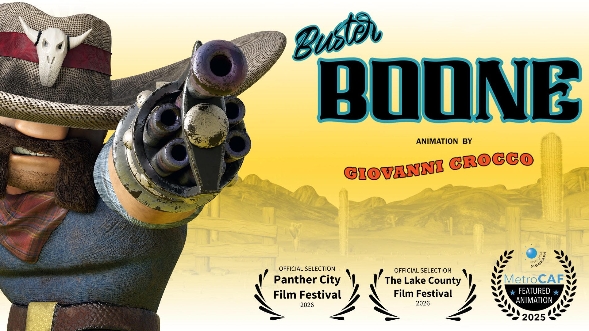 Promotional poster for Buster Boone, featuring the animated cowboy character pointing a revolver-style weapon toward the viewer, along with film festival selections and animation credits for Giovanni Crocco.