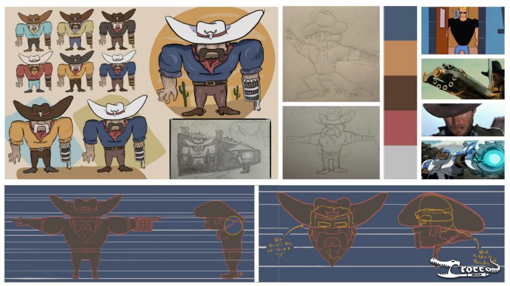 Character concept art for Buster Boone, showing early sketches, color variations, design references, and front and side character turnarounds used during the development process.