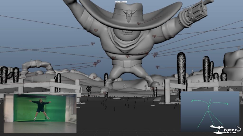 Motion capture workflow for the animated character Buster Boone, showing video performance footage alongside a 3D character animation scene.