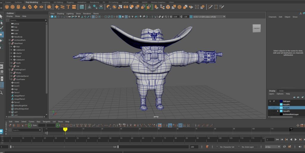 Wireframe view of the Buster Boone character model in Autodesk Maya, showing the 3D geometry and topology used during the modeling process.