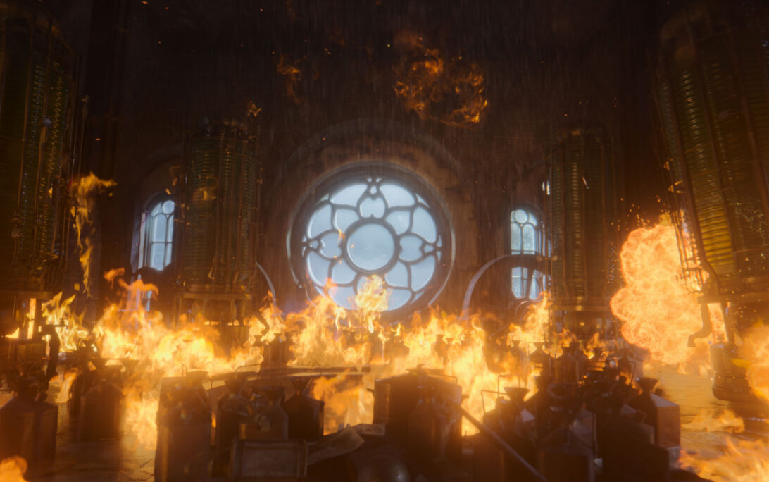Tower in flames from Netflix's Frankenstein