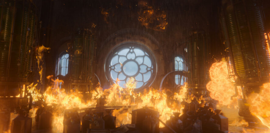 Tower in flames from Netflix's Frankenstein