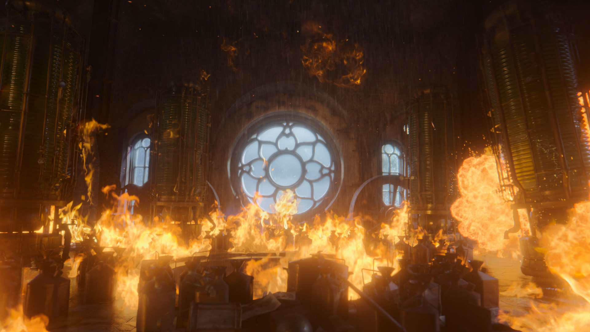 Tower in flames from Netflix's Frankenstein