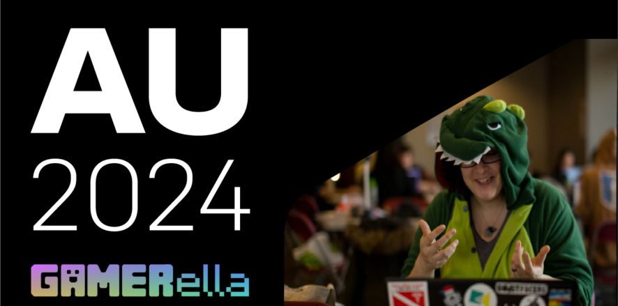 Text reads: AU 2024 Gamerella, an image of a woman in a dinosaur onesie (part of Gamerella) on her laptop can be seen on the right-hand side.