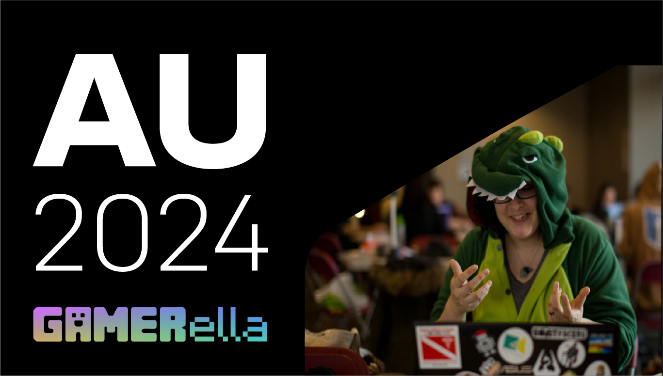 Text reads: AU 2024 Gamerella, an image of a woman in a dinosaur onesie (part of Gamerella) on her laptop can be seen on the right-hand side.