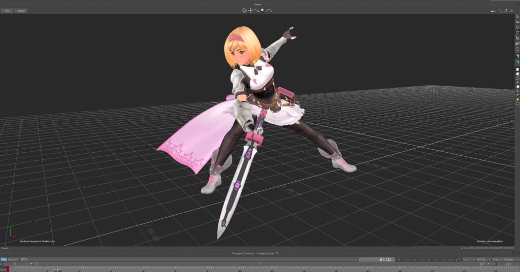 Action image of Zeta holding her sword with one arm, the other being pointed behind her