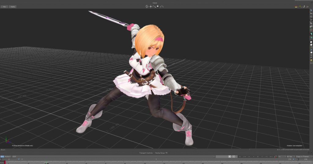 Action image of Zeta holding her sword behind her body, with her other arm extended straight in front of her