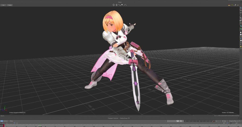 Another action image of Zeta holding her sword with one arm, the other being pointed behind her