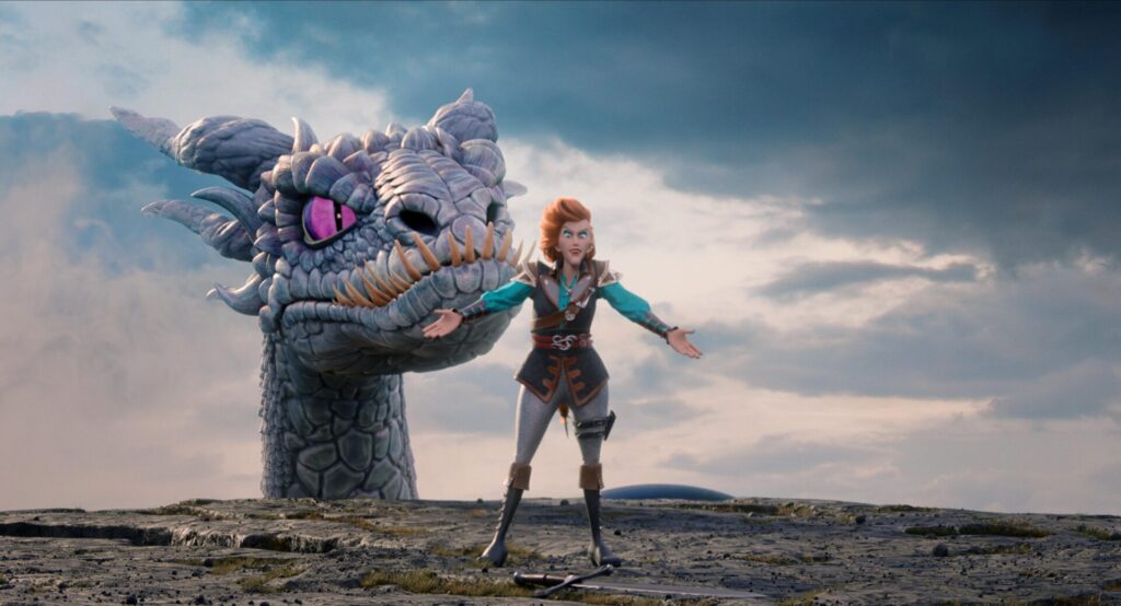 Brave woman standing beside dragon on rocky terrain.