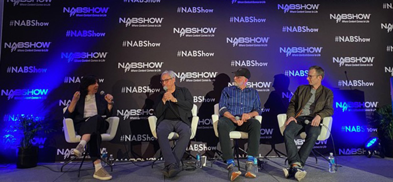Diana Colella (Autodesk Executive VP of Media & Entertainment), Ron Ames, (Producer on season one of The Amazon Prime series “The Lord of the Rings: The Rings of Power) Ramsey Avery (Series Production Designer), and Hugh Calveley (Moxion co-founder) at NAB 2023