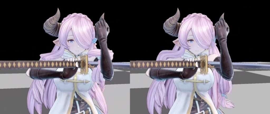 Image of the character Narmaya's pose examples (emote/victory pose) - comparison without (left) and with (right) guide motion