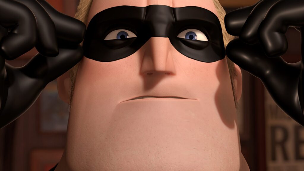 Mr. Incredible with his gloved hands on his black mask