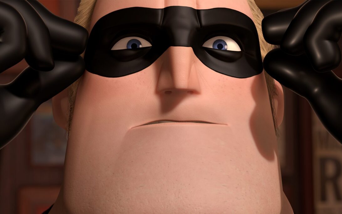 Mr. Incredible with his gloved hands on his black mask
