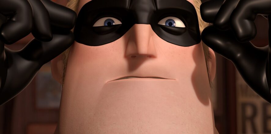 Mr. Incredible with his gloved hands on his black mask